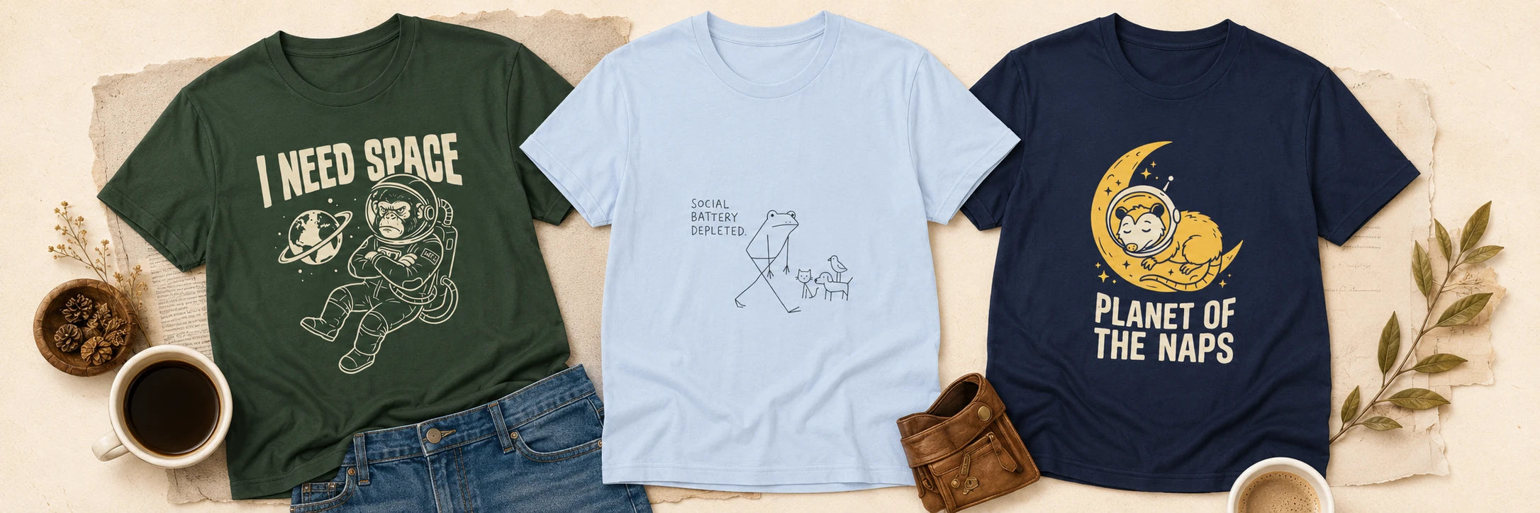 I Need Space, Social Battery Depleted, and Planet of the Naps T-shirts