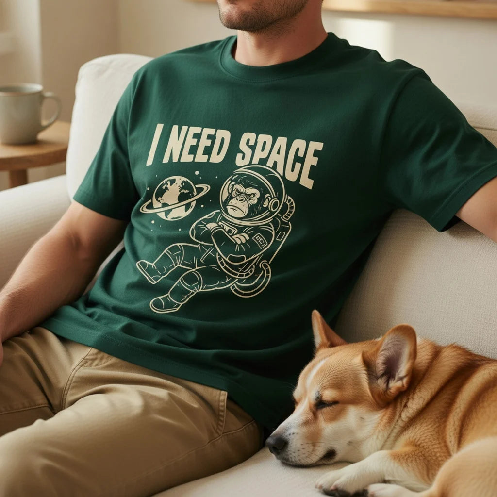 Man relaxing in an I Need Space T-shirt beside a sleeping corgi