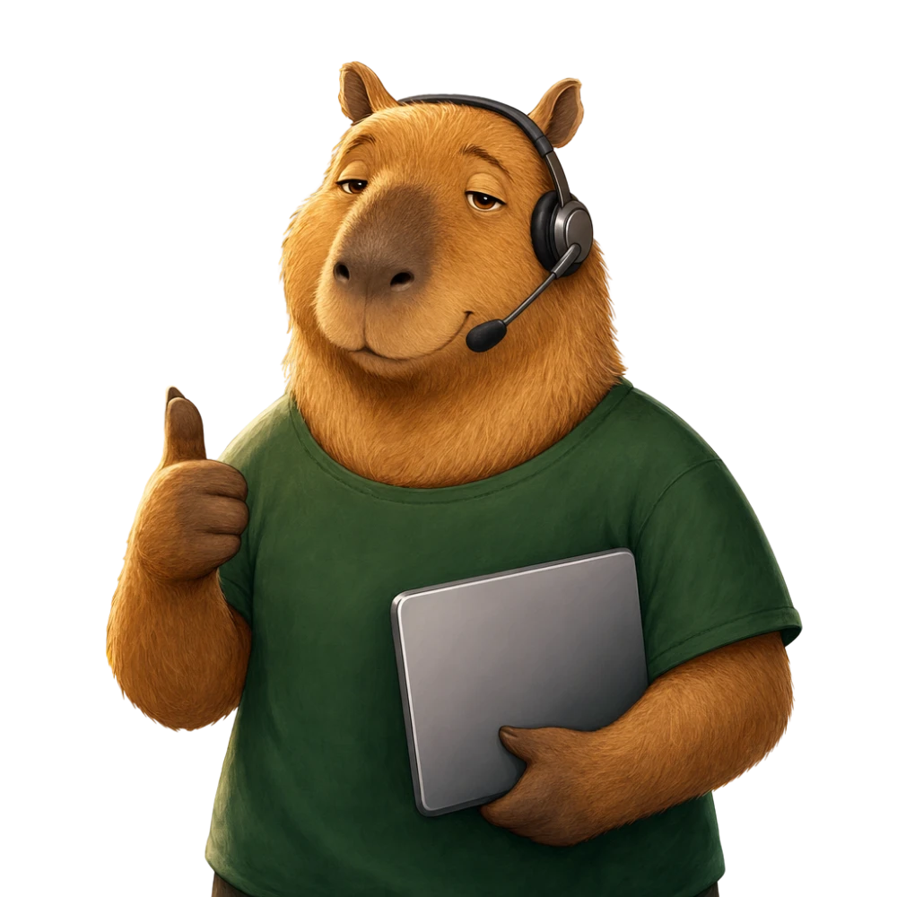 Friendly capybara customer support mascot holding a laptop