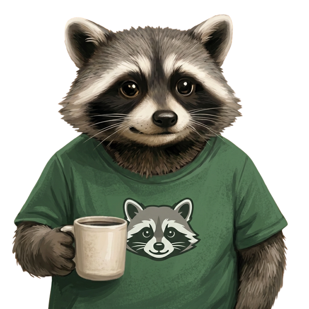 Wildly Relatable raccoon holding a coffee mug